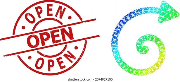 Open grunge stamp seal and lowpoly rainbow colored spiral arrow icon with gradient. Red stamp seal includes Open text inside circle and lines form.