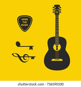 Open guitar music with note and clef keys. yellow background