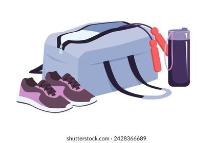 Open gym bag with sports equipment, athletic sneakers and bottle of water. Luggage of athlete with trendy gears for fitness workout and healthy training, sportswear cartoon vector illustration