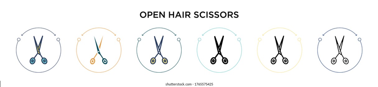 Open hair scissors icon in filled, thin line, outline and stroke style. Vector illustration of two colored and black open hair scissors vector icons designs can be used for mobile, ui, web