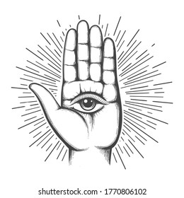 Open hand with the all-seeing eye on the palm tattoo. Occult, Astrology, Sacred Spirit, Masonic sign. Vector illustration