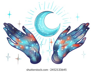 Open hand with the all-seeing eye on the palm. Occult design vector illustration. Dotwork ink tattoo flash design. Vector illustration isolated on white. Astrology, Sacred Spirit.