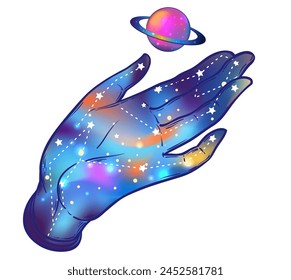 Open hand with the all-seeing eye on the palm. Occult design vector illustration. Dotwork ink tattoo flash design. Vector illustration isolated on white. Astrology, Sacred Spirit.