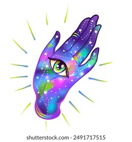 Open hand with the all-seeing eye on the palm. Occult design vector illustration. Dotwork ink tattoo flash design. Vector illustration isolated on white. Astrology, Sacred Spirit.