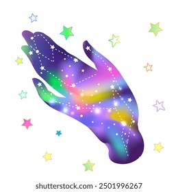 Open hand with the all-seeing eye on the palm. Occult design vector illustration. Dotwork ink tattoo flash design. Vector illustration isolated on white. Astrology, Sacred Spirit.
