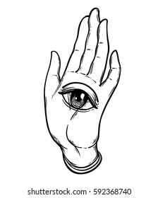 Open hand with the all-seeing eye on the palm. Occult design vector illustration.  Dotwork ink tattoo flash design. Vector illustration isolated on white. Astrology, Sacred Spirit. Masonic sign. 