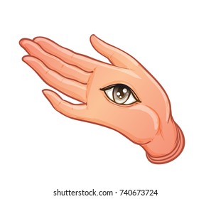 Open hand with the all-seeing eye on the palm. Occult design vector illustration. Color tattoo flash design. Vector illustration isolated on white. Astrology, Sacred Spirit. Masonic sign. 