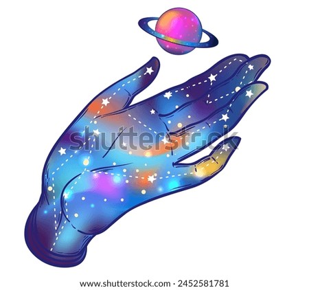 Open hand with the all-seeing eye on the palm. Occult design vector illustration. Dotwork ink tattoo flash design. Vector illustration isolated on white. Astrology, Sacred Spirit.