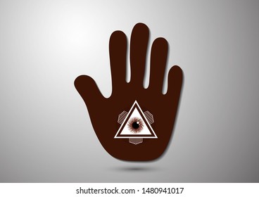Open hand with an all-seeing eye in the palm of your hand. Outlined icon on a gray background, flat occult design. Vector illustration.
