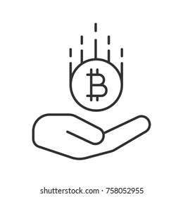 Open hand with bitcoin linear icon. Cryptocurrency. Thin line illustration. Saving money. Contour symbol. Vector isolated outline drawing