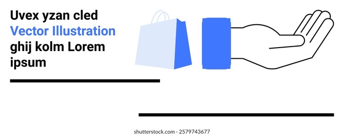 Open hand with a blue bracelet holding a shopping bag with a placeholder text. Ideal for e-commerce, online shopping, web design, business promotions, and marketing campaigns. Landing page