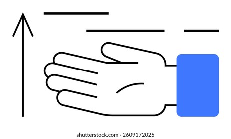 Open hand with blue sleeve pointing upwards next to upward arrow. Ideal for business growth, progress, support, help, upward mobility, teamwork, achievement themes. Banner for landing page