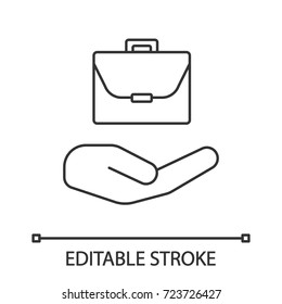 Open hand with briefcase linear icon. Business offer. Thin line illustration. Contour symbol. Job offer. Vector isolated outline drawing. Editable stroke