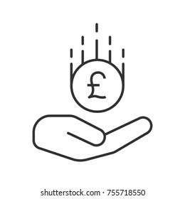 Open hand with British pound linear icon. Thin line illustration. Saving money. Contour symbol. Vector isolated outline drawing