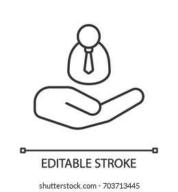 Open hand with businessman linear icon. Personnel management. Thin line illustration. Admin, manager. Contour symbol. Vector isolated outline drawing. Editable stroke