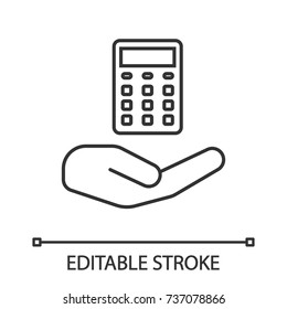 Open hand with calculator linear icon. Counting service. Thin line illustration. Contour symbol. Accounting, calculations. Vector isolated outline drawing. Editable stroke