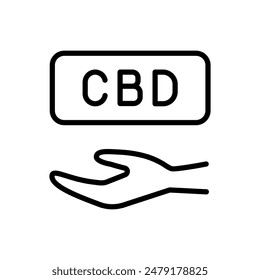 Open hand with CBD line icon. Cannabidiol outline icons. Cannabis legalization. Contour symbol. Vector isolated outline drawing