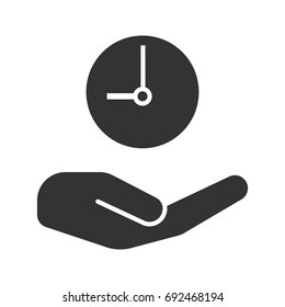 Open hand with clock glyph icon. Silhouette symbol. Time management. Negative space. Vector isolated illustration