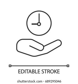 Open hand with clock linear icon. Thin line illustration. Time management. Contour symbol. Vector isolated outline drawing