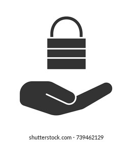 Open hand with closed lock glyph icon. Providing protection. Silhouette symbol. Security. Negative space. Vector isolated illustration