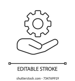 Open hand with cogwheel linear icon. Technical support. Technology progress. Thin line illustration. Devices and machines care. Contour symbol. Vector isolated outline drawing. Editable stroke