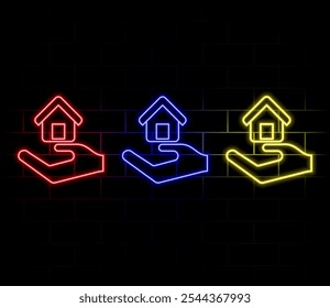 Open hand with cottage icon. Low poly style design. Abstract geometric background. Wireframe light connection structure. Modern 3d graphic concept. Isolated vector illustration..