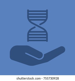 Open hand with with DNA chain glyph color icon. Genetic engineering. Silhouette symbol. Genetic research. Negative space. Vector isolated illustration
