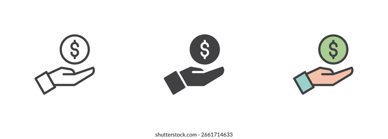 Open hand with dollar coin icon set. Line, solid and colorful filled outline style. Finance symbol for donation, banking or payment vector icon.