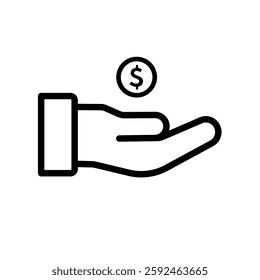 open hand with dollar coin - vector icon