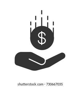 Open hand with dollar glyph icon. Silhouette symbol. Saving money. Negative space. Vector isolated illustration