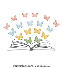 An open hand drawn book with colorful paper butterflies flying out of it. Romantic dreams written in a book. Square vector image on a transparent background.