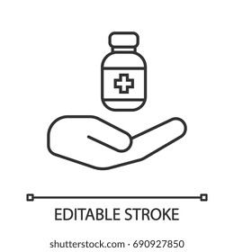Open hand with drugs linear icon. Thin line illustration. Medicaments supply. Contour symbol. Vector isolated outline drawing. Editable stroke