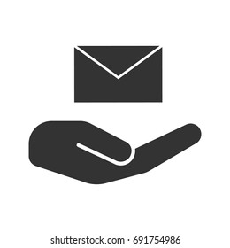 Open hand with envelope glyph icon. Silhouette symbol. Free email services. Negative space. Vector isolated illustration