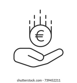 Open hand with euro linear icon. European Union currency. Thin line illustration. Saving money. Contour symbol. Vector isolated outline drawing.