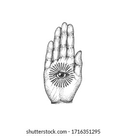 Open hand with Eye of Providence on the palm, vector illustration in engraving style. Vintage pastiche of magical and mystical symbol. Drawn sketch of esoteric sign.