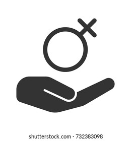 Open Hand With Female Symbol Glyph Icon. Women's Health Care. Silhouette Symbol. Mirror Of Venus. Negative Space. Vector Isolated Illustration