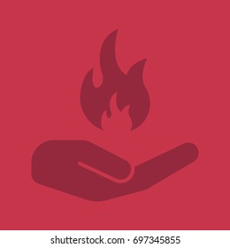 Open hand with flame glyph color icon. Silhouette symbol. Insurance against fire. Negative space. Vector isolated illustration