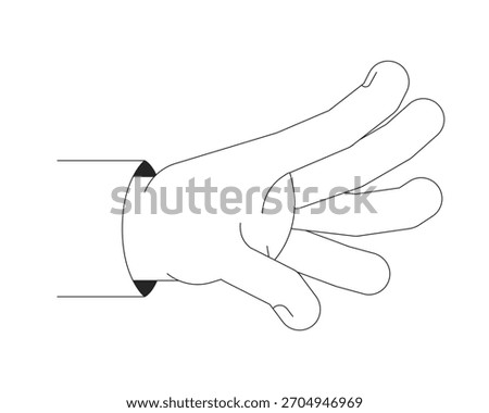 Open hand gesture with fingers extended outline illustration. Grabbing, grasping, reaching interaction. Outstretched, intent isolated 2D vector image black and white. Linear drawing clip art