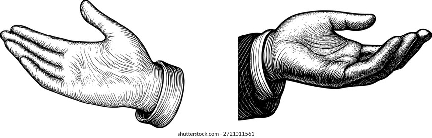 Open Hand Gesture Vintage Vector Illustration in Engraved Black and White Style.