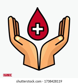 
open hand gestures, drops of blood on the hands. vector of hand and blood droplets. blood donor theme.