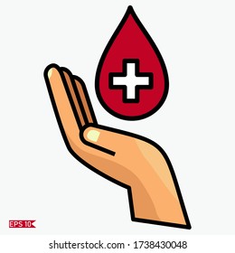 
open hand gestures, drops of blood on the hands. vector of hand and blood droplets. blood donor theme.