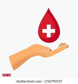 gestos de mano abierta, gotas de sangre en las manos. vectores de gotas y gotas de sangre. tema de los donantes de sangre.