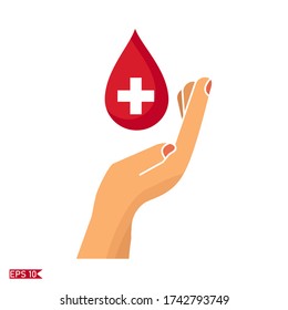 open hand gestures, drops of blood on the hands. vector of hand and blood droplets. blood donor theme.