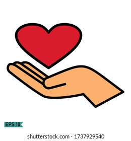 
open hand gestures, heart above hands. vector of hand and heart.