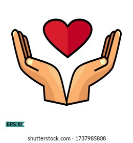 
open hand gestures, heart above hands. vector of hand and heart.