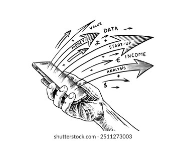 Open hand giving or receiving. Hologram of boosting arrows or graph chart. Vector clipart illustration. Teamwork, work efficiency, symbolizing startup. Line and Ink sketch. Hand drawn Vintage style. 