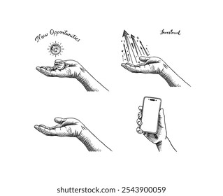 Open hand giving or receiving. Hologram of boosting arrows or graph chart. Vector clipart illustration. Teamwork, work efficiency, symbolizing startup. Line and Ink sketch. Hand drawn Vintage style. 