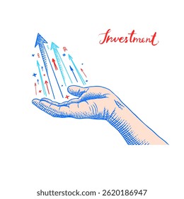 Open hand giving or receiving. Hologram of boosting arrows or graph chart. Vector clipart illustration. Teamwork, work efficiency, symbolizing startup. Line and Ink sketch. Hand drawn Vintage style. 