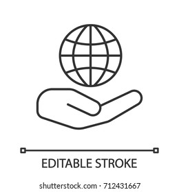 Open hand with globe linear icon. World care. Thin line illustration. Contour symbol. Vector isolated outline drawing. Editable stroke