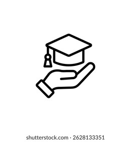 Open hand with graduation cap icon vector. in line style design on white background. vector illustration